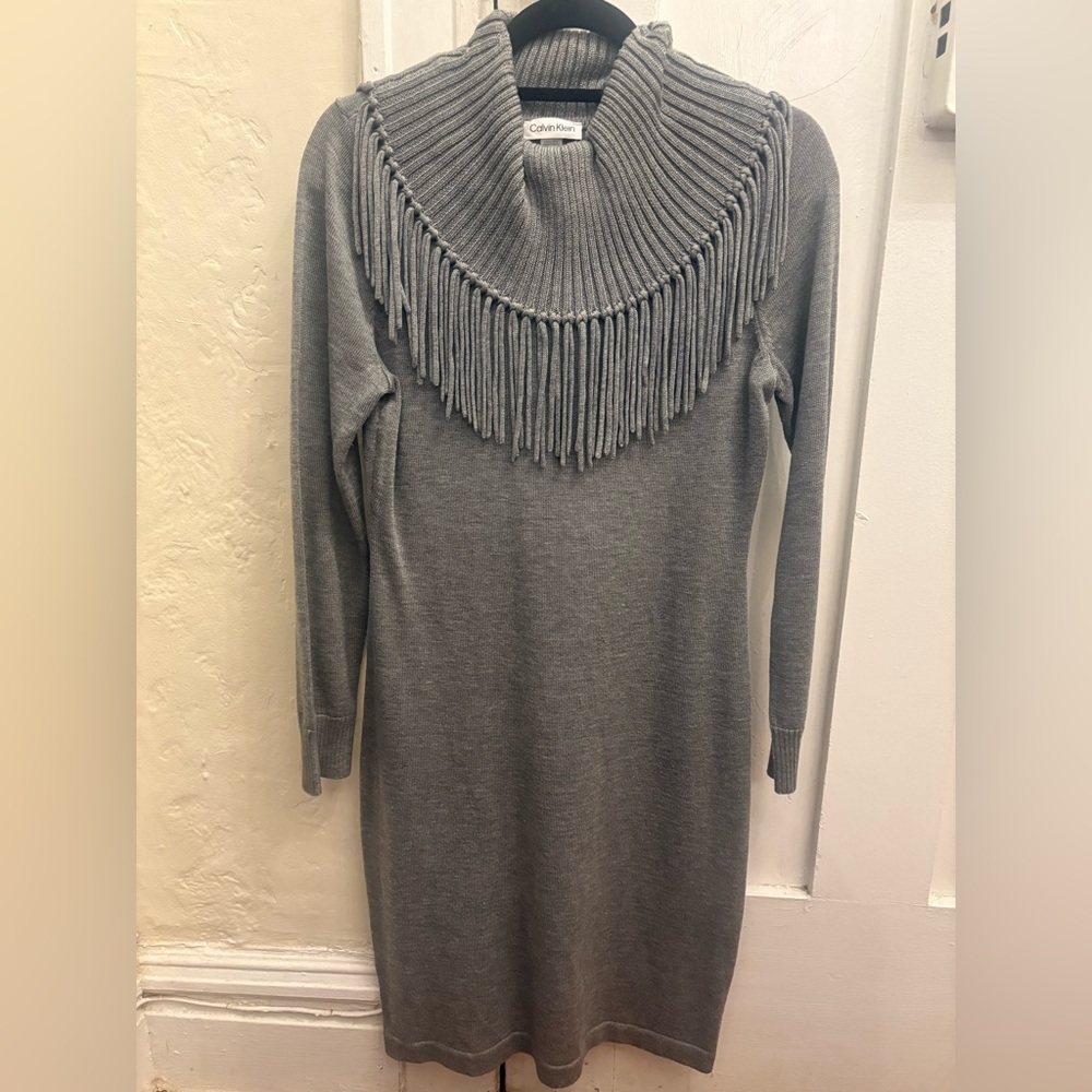 Calvin Klein Gray Long Sleeve Fringe Dress